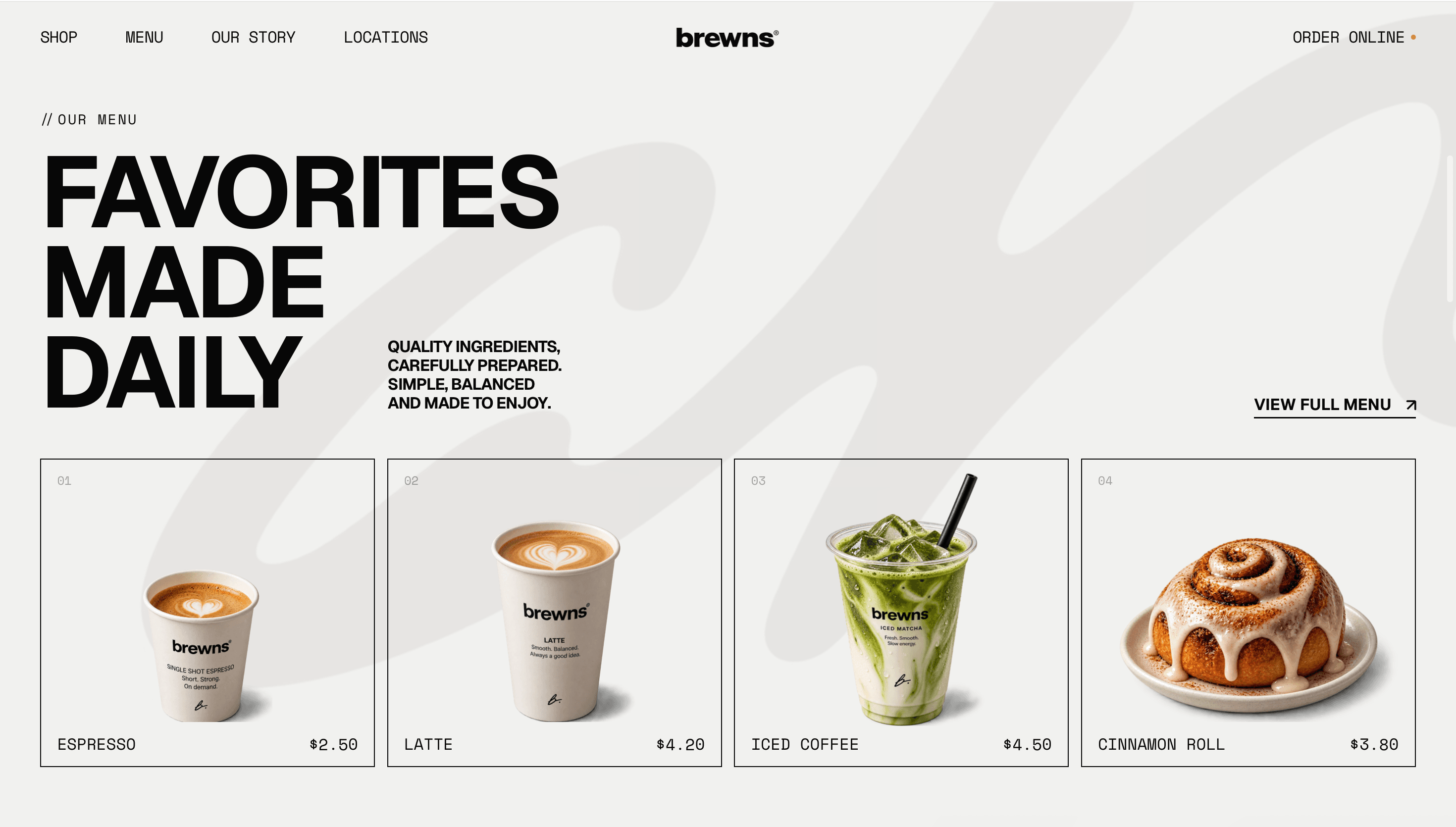 Brewns menu section with a “Favorites made daily” headline above four framed product tiles.