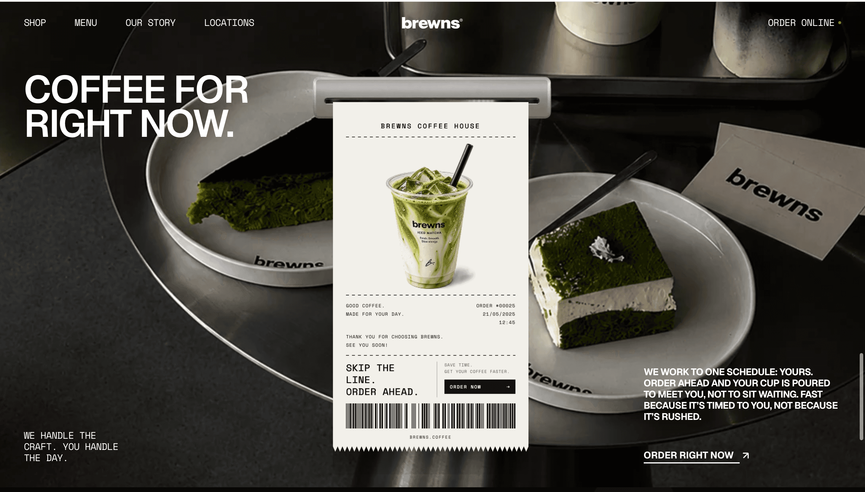 Brewns order-ahead section: a printed receipt graphic over a dark café table scene with matcha cake.
