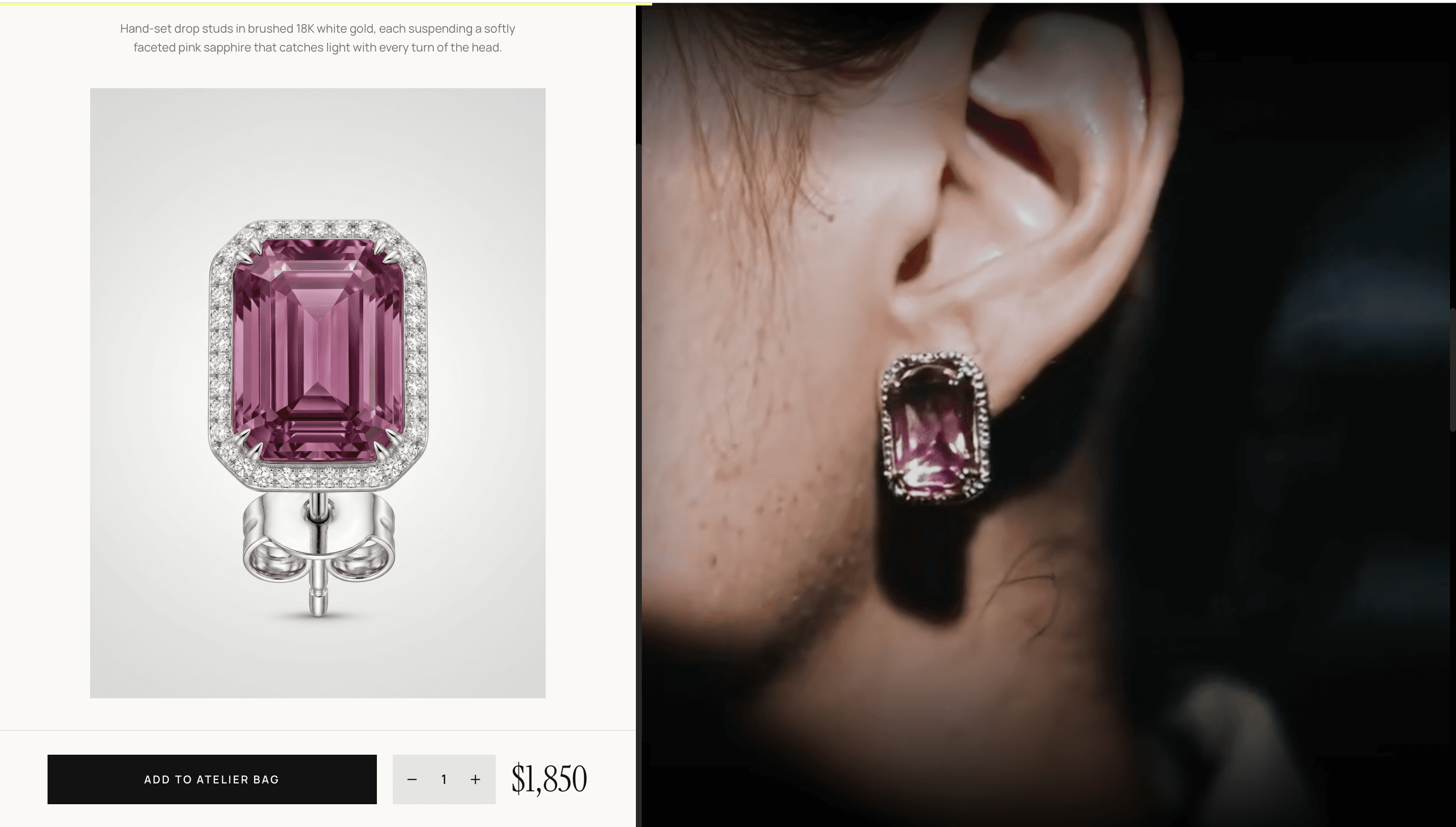 Product page pairing a pink sapphire stud earring on a light backdrop with a close-up of the earring being worn.
